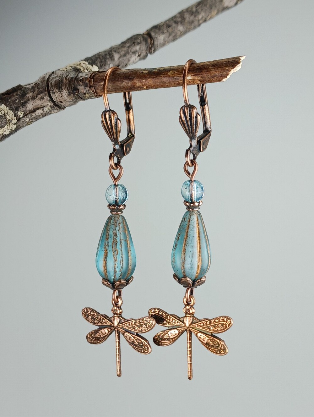HAND CRAFTED Artisan Dragonfly Earrings Blue Czech Glass Copper Boho Cottagecore